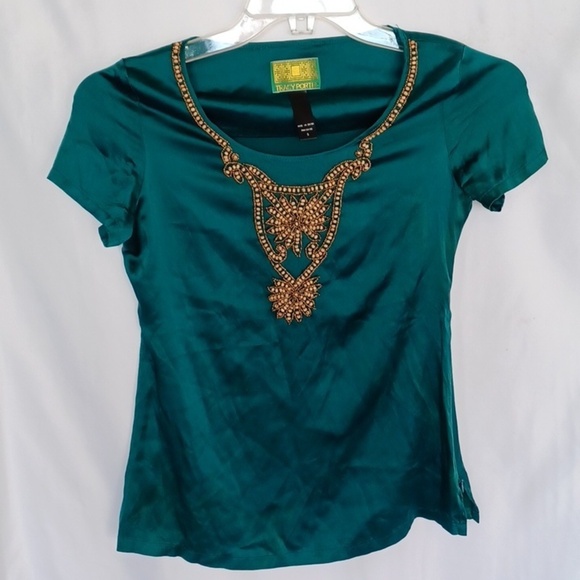 Tracy Porter Tops - Tracy Porter Emerald Green Silk Beaded Blouse Sz S, Side Zip, 16" Ptp, 23" L